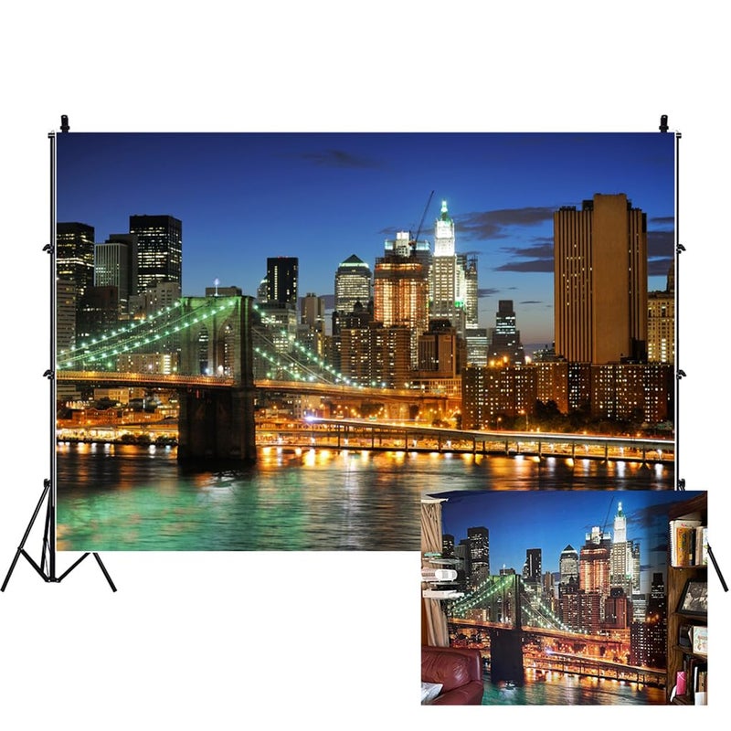 AOFOTO 7x5ft New York City Brooklyn Bridge Background Downtown Skyscrapers at Night Photography Backdrop Manhattan Skyline Hudson River Man Adult Portrait Photo Studio Props Video Drape Wallpaper - Image 1